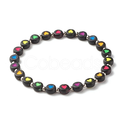 Flat Round with Heart Beaded Stretch Bracelet for Women BJEW-JB07552-04-1