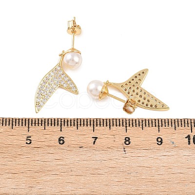 Fishtail Brass Micro Pave Clear Cubic Zirconia Dangle Stud Earrings EJEW-C172-06G-1