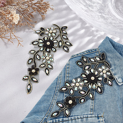 2Pcs 2 Styles Flower Polyester & Glass & Plastic Pearl Embroidery Sew on Ornament Accessories PATC-MA0001-46-1