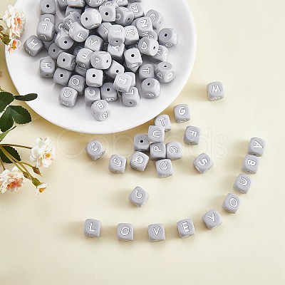 20Pcs Grey Cube Letter Silicone Beads 12x12x12mm Square Dice Alphabet Beads with 2mm Hole Spacer Loose Letter Beads for Bracelet Necklace Jewelry Making JX436S-1