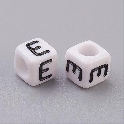 White Letter E Cube Acrylic Beads X-PL37C9308-E-1