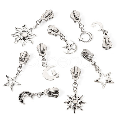 18Pcs 9 Styles Alloy Replacement Zipper Sliders with Sun Moon Star Charms HJEW-TAC0088-1