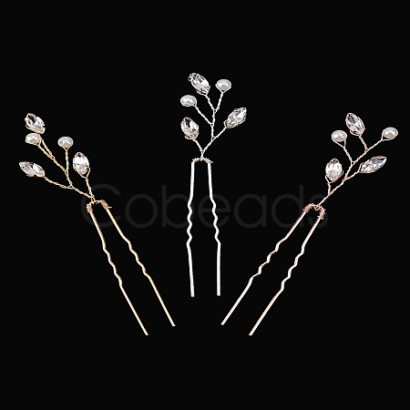 3Pcs 3 Colors Brass Rhinestone Hair Forks MRMJ-LP0001-06-1
