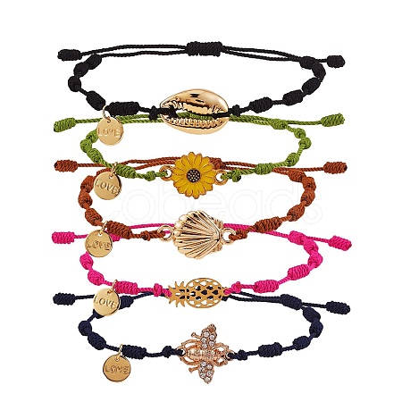 Natural Shell & Flower & Pinapple & Shell & Bee Link Bracelets Set BJEW-SW00029-1