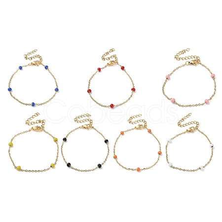 PVD Vacuum Plating Golden 304 Stainless Steel Cable Chain Bracelet with Enamel Rondelle Beaded BJEW-G683-02G-1