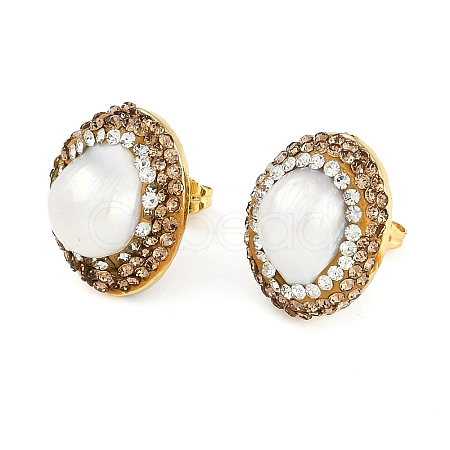 Rack Plating Oval Brass With Rhinestone & Natural Pearl Handmade Indonesia Stud Earrings EJEW-U010-02B-G-1