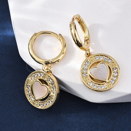 Heart with Flat Round Brass Micro Pave Clear Cubic Zirconia Hoop Earrings KK-D363-11A-G-1