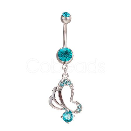 Piercing Jewelry Real Platinum Plated Brass Rhinestone Butterfly Navel Ring Belly Rings AJEW-EE0001-76B-1