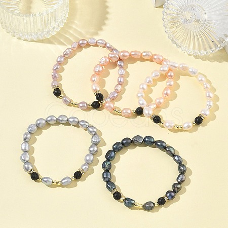 Natural Cultured Freshwater Pearl & Lava Rock Beaded Stretch Bracelets for Women BJEW-JB13714-1