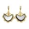 Natural Black Lip Shell Pendants, Brass Heart Charms, Real 18K Gold Plated, 18x18x3mm, Hole: 1.5X4mm