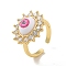 Cubic Zirconia Sun with Evil Eye Open Cuff Ring with Acrylic, Real 18K Gold Plated Brass Jewelry for Women, Cadmium Free & Lead Free, Hot Pink, US Size 6 1/2(16.9mm)