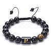 10MM Natural Black Onyx(Dyed & Heated) and Tiger Eye Alphabet Round Braided Bead Adjustable Bracelets for Women DM6424-16-1