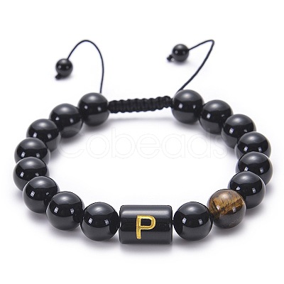 10MM Natural Black Onyx(Dyed & Heated) and Tiger Eye Alphabet Round Braided Bead Adjustable Bracelets for Women DM6424-16-1