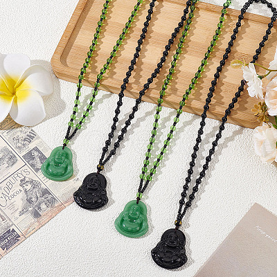 4Pcs 2 Colors Glass Buddha Pendant Necklaces NJEW-ME0001-04-1