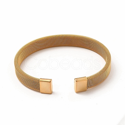 304 Stainless Steel Flat Mesh Chains Shape Open Cuff Bangle for Women BJEW-C0033-06-1