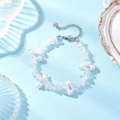 3Pcs Natural Mixed Gemstone Chip & Glass Shell Round Beaded Bracelets BJEW-JB12303-1