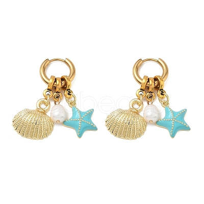 Starfish with Shell Charm 202 Stainless Steel Dangle Hoop Earrings EJEW-JE07063-1