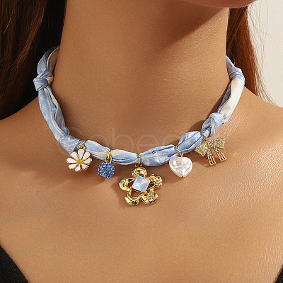 Flower Alloy Enamel & Resin & Glass & Plastic Pearl & Rhinestone Tassel Scarf Choker Necklaces NJEW-SP0001-16C-1