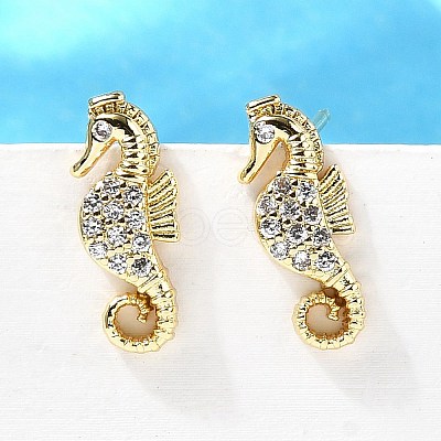Sea Horse Brass Micro Pave Cubic Zirconia Ear Studs EJEW-D304-38G-1