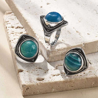 Natural Banded Agate Adjustable Rings G-P560-03AS-16-1