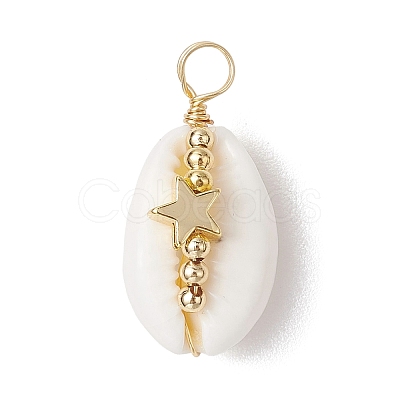 Natural Cowrie Shell Copper Wire Wrapped Pendants PALLOY-JF02932-03-1