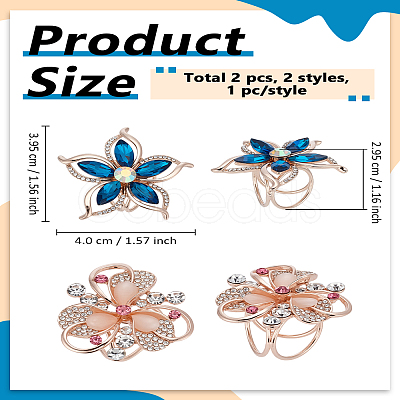 2Pcs 2 Styles Flower Alloy Rhinestone Scarf Clips AJEW-LP0002-09-1