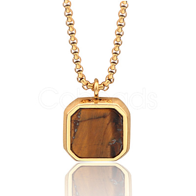 304 Stainless Steel Pave Natural Tiger Eye Square Pendant Necklaces FS-WG8D101-06-1