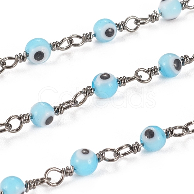 3.28 Feet Handmade Evil Eye Lampwork Round Beaded Chains X-CHC-G009-A-B01-1