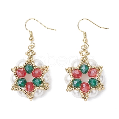 Christmas Flower Glass & Shell Pearl & Glass Seed Dangle Earrings EJEW-TA00719-1