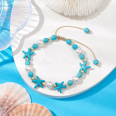 2Pcs 2 Colors Adjustable Dyed Synthetic Turquoise & Shell Pearl Braided Bead Bracelets BJEW-PA0001-04-1
