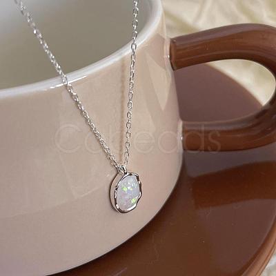 925 Sterling Silver Synthetic White Opal Oval Pendant Cable Chain Necklaces for Women FS-WG862D3-02-1