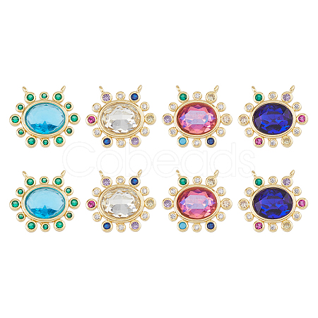 8Pcs 4 Colors Brass Cubic Zirconia 2-Loop Pendants KK-DC0003-51-1