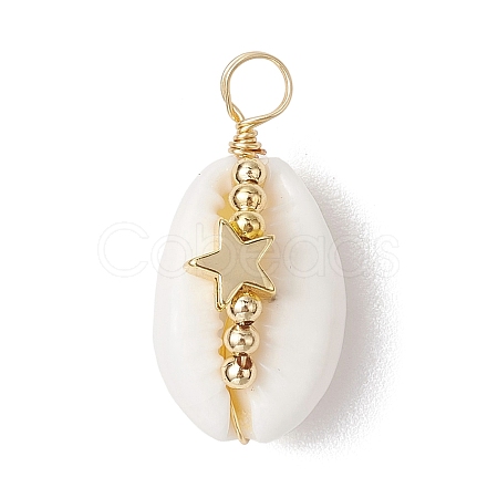Natural Cowrie Shell Copper Wire Wrapped Pendants PALLOY-JF02932-03-1