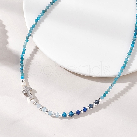 Natural Apatite Faceted Round and Dyed Malaysia Jade & Pearl Beaded Necklaces with Brass Micro Pave Clear Cubic Zirconia Cross NJEW-JN05975-02-1