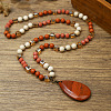 Natural Red Jasper Flat Teardrop Pendant Round Gems and Cube Glass Beaded Long Necklaces for Women FS-WG9FE58-05-1