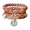 5Pcs 5 Style Wood & Glass Seed & Acrylic Beaded Stretch Bracelets Set with Baseball JB709C-1