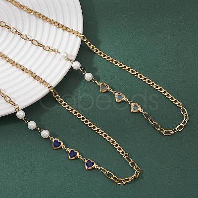 2Pcs 2 Colors Round White Shell Pearl & Heart 304 Stainless Steel Glass Link Chain Necklaces for Women NJEW-JN05594-1