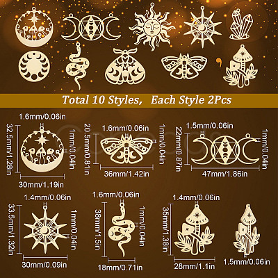 20Pcs 10 Style Ion Plating(IP) 201 & 304 Stainless Steel Pendants STAS-SC0004-74-1