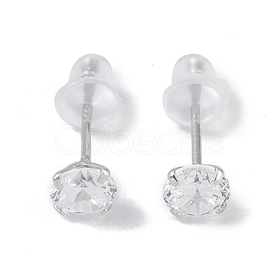 Rhodium Plated Diamond Shape 999 Fine Silver Cubic Zirconia Stud Earrings for Women EJEW-S215-06P-1