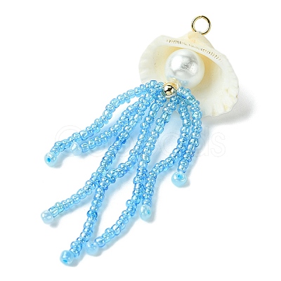 Natural Clam Shell & Glass Pearl & Glass Seed Beaded Big Pendants PALLOY-MZ00298-02-1