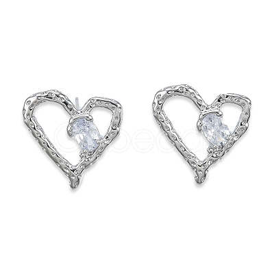 Clear Cubic Zirconia Heart Stud Earrings EJEW-N012-51P-A-1