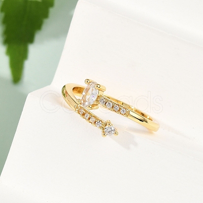Oval Brass Micro Pave Clear Cubic Zirconia Open Cuff Rings for Women RJEW-G343-24G-1