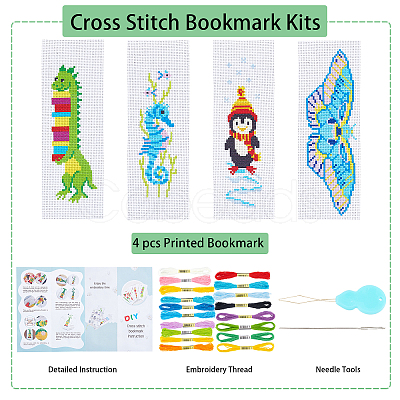 Gorgecraft 4 Sets 4 Style DIY Sea Horse/Penguin/Dinosaur/Butterfly Pattern PP Bookmarks Cross Stitch Kits DIY-FG0004-07-1