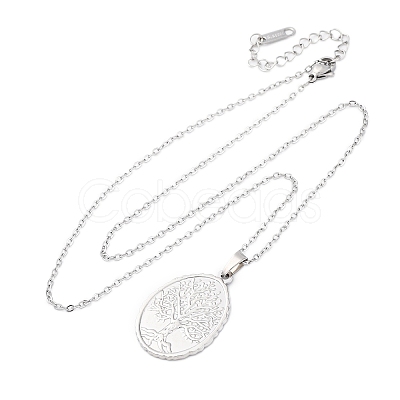 Oval Tree of Life 304 Stainless Steel Pendant Necklaces NJEW-M096-10P-1