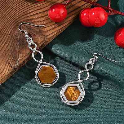 Hexagon Natural Tiger Eye Dangle Earrings EJEW-K298-01P-12-1