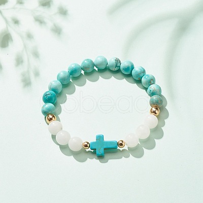 Natural White Jade & Howlite & Synthetic Turquoise(Dyed) Stretch Bracelet with Cross BJEW-JB08295-03-1