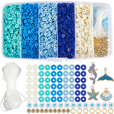 Ocean Theme DIY Disc/Flat Round Polymer Clay Beads & Alloy Enamel Charm Stretch Bracelets Making Kits DIY-SP0003-40-1