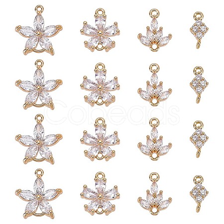 16Pcs 4 Styles Brass Pave Clear Cubic Zirconia Connector Charms KK-HY0004-39-1