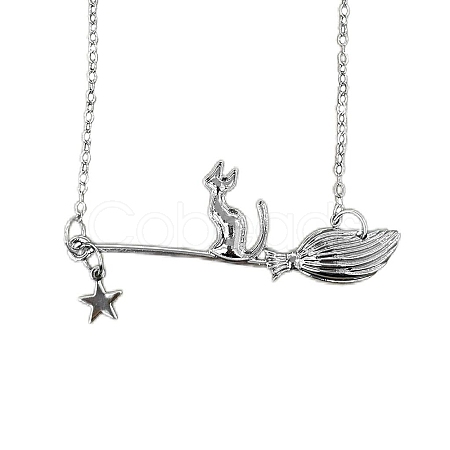 Halloween Alloy White Cat with Broom Pendant Necklaces for Women FS-WGACF10-04-1