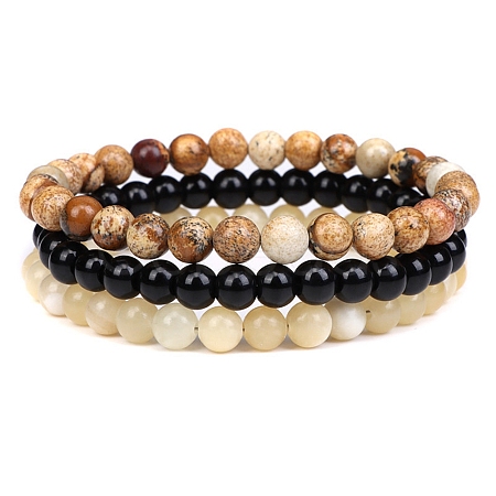 3Pcs 3 Style Natural Picture Jasper & Black Agate & Citrine Round Beaded Stretch Bracelets Set PW23030759584-1